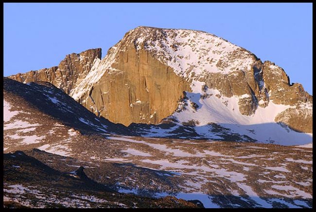 snow topped Longs Peak of Rocky Mountain National Park in Colorado is the perfect mountain to represent Prayer Rock.