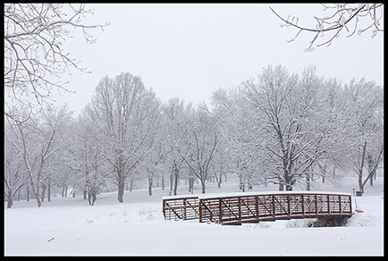 Snow covered bridge and trees in Seymour Smith Park in Omaha