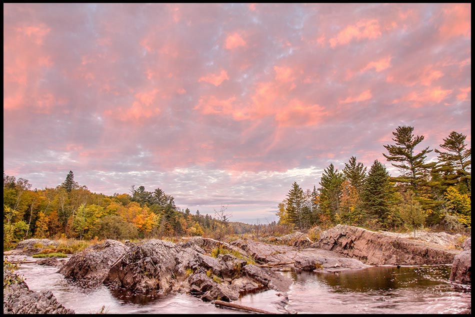 Pre-sunrise clouds glow red above the Saint Louis River in Jay Cooke State Park, Minnesota and Psalm 89:5, 6 God's greatness
