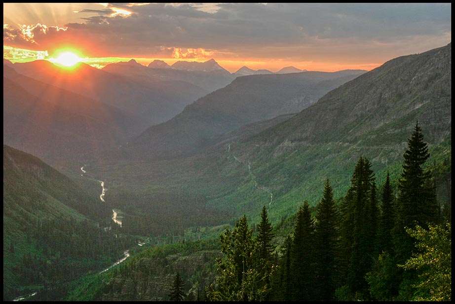 Sunset over the McDonald River Valley and the Mountains of Glacier National Park, Montana and Isaiah 45:18: Bible verse, God created