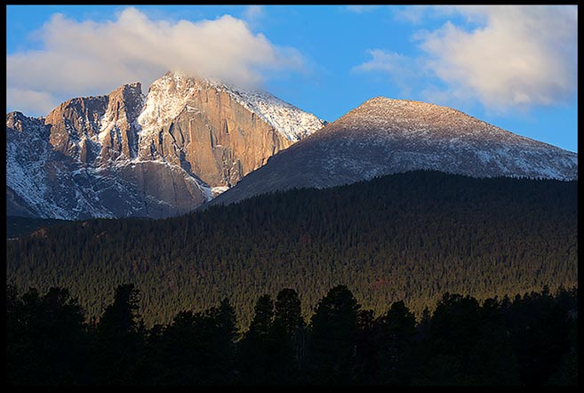 Clouds and blue sky with stark shadows over Longs Peak, Rocky Mountain National Park, Colorado and Isaiah 56:7 "My holy mountain" Bible Verse of the Day: