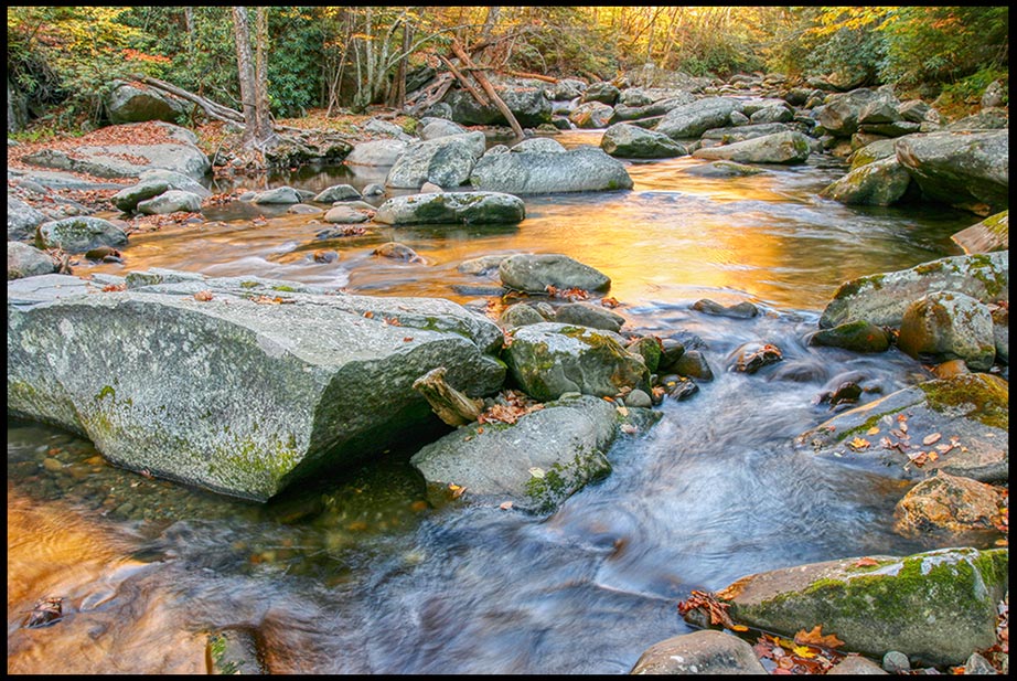 A rocky steam golden autumn light in the Great Smoky Mountains National Park, Tennessee and Jeremiah 31:25F Bible verse God satisfies our souls