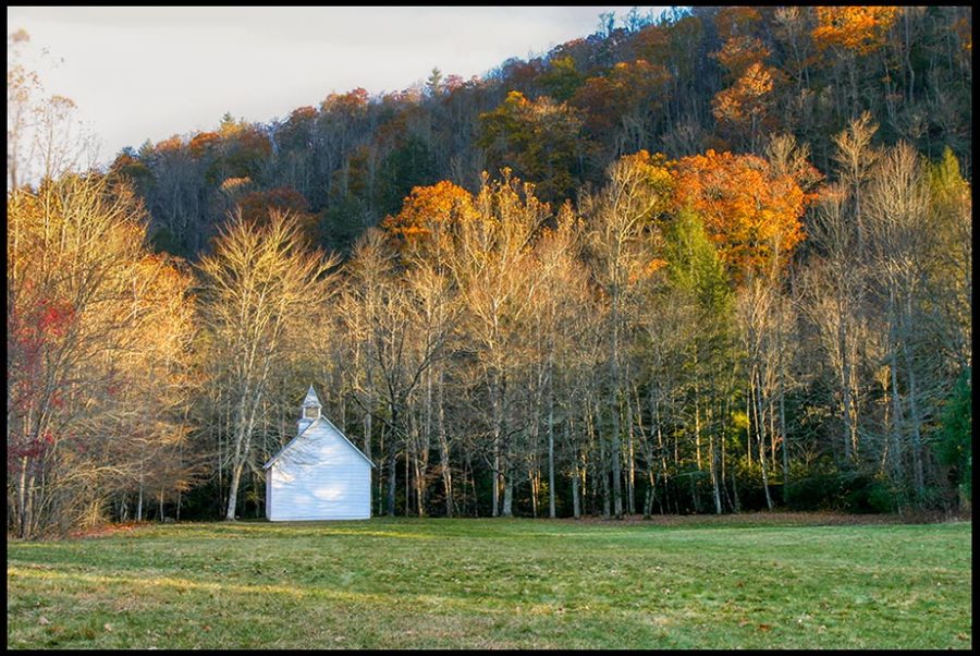 Old country church under fall colors, Great Smoky Mountains National Park, North Carolina and Isaiah 32:17-18. ”God's people live in peaceful dwelling places"