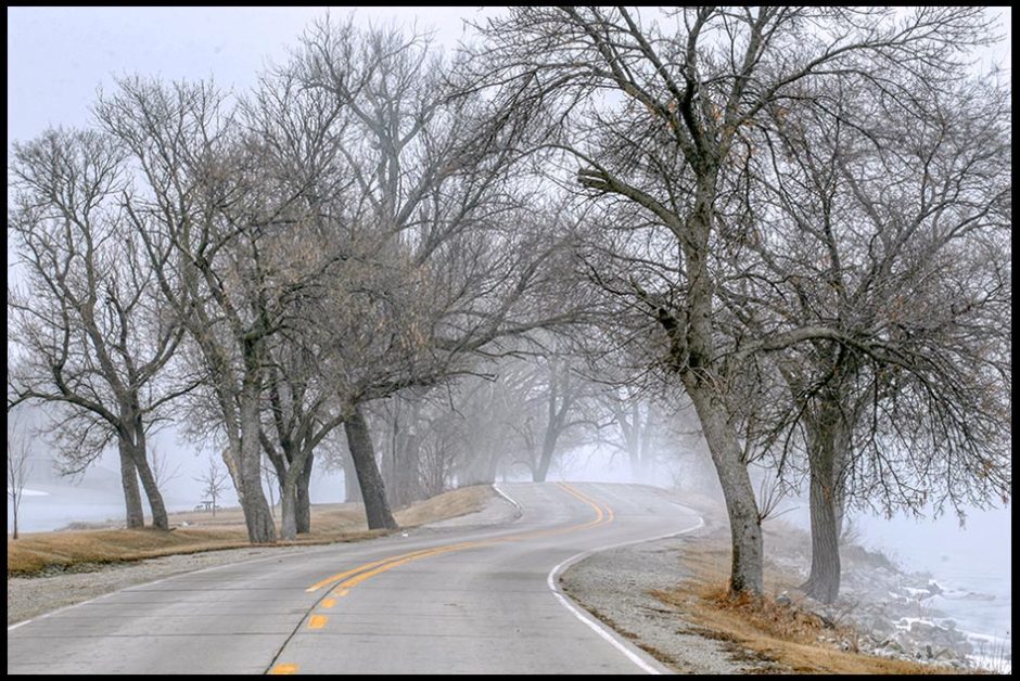 A road winds through dense fog and trees, Lake Manawa State Park, Iowa and Isaiah 42:16a. "God guide us Bible verse