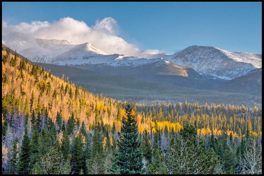 Fall aspens are dwarfed by snow capped mountains in Rocky Mountain National Park, Colorado and Psalm 3:3-4 