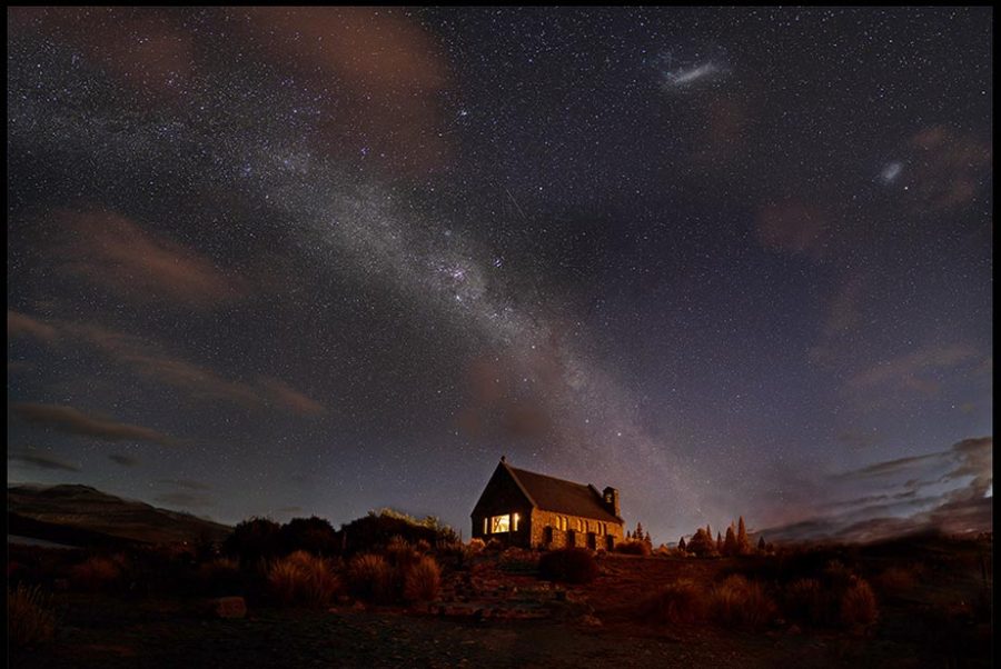 The Church of the Good Shepherd sits under the stars and Milkyway, Lake Tekapo, New Zealand. Bible Verse of the day Job 9:9-10