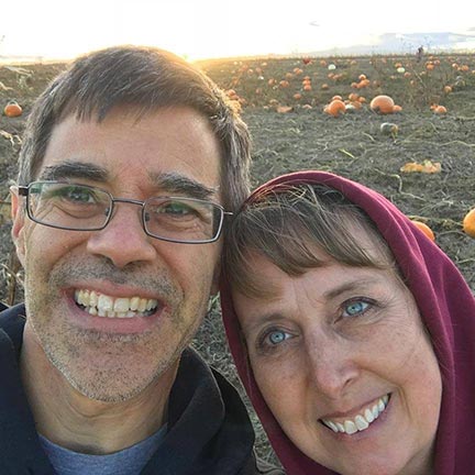 Man and woman, husband and wife selfie in Vala's Pumpkin Patch, Nebraska. The Visual Bible Verse of the Day website 