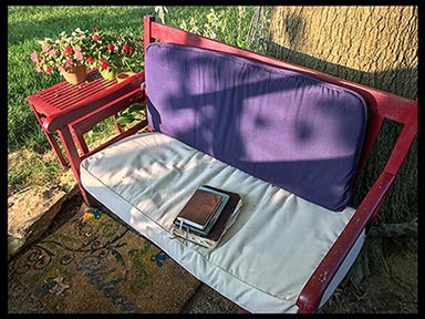 A red bench with a Bible, journal and devotional on it in a secret garden