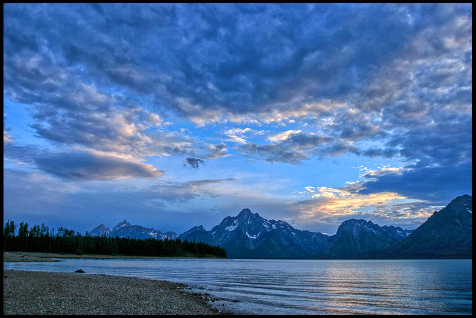 patchy clouds over Coulter Bay after Sunset, Grand Teton National Park, Wyoming and Psalm 97:1-2 Bible verse God and His majesty of God