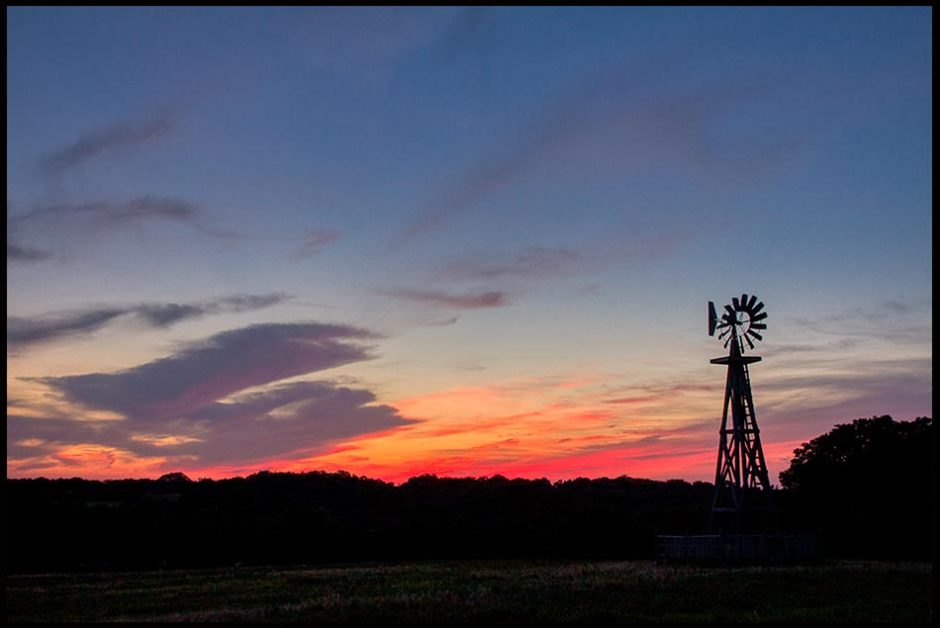 A wind mill is in a red and blue sunset sky, Mahoney State Park, Nebraska and Psalm 89:5-6, heavens praise bible verse