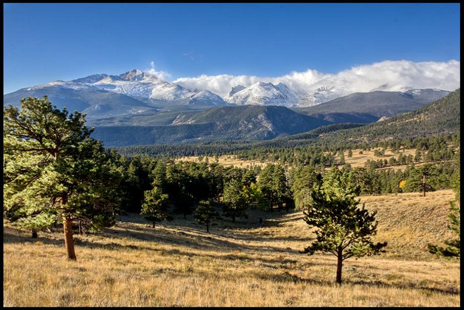 A view of Longs Peak and other mountains from Beaver Meadows in Rocky Mountain National Park, Colorado and 2 Chronicles 6:32-33. Bible verse about God's Dwelling place