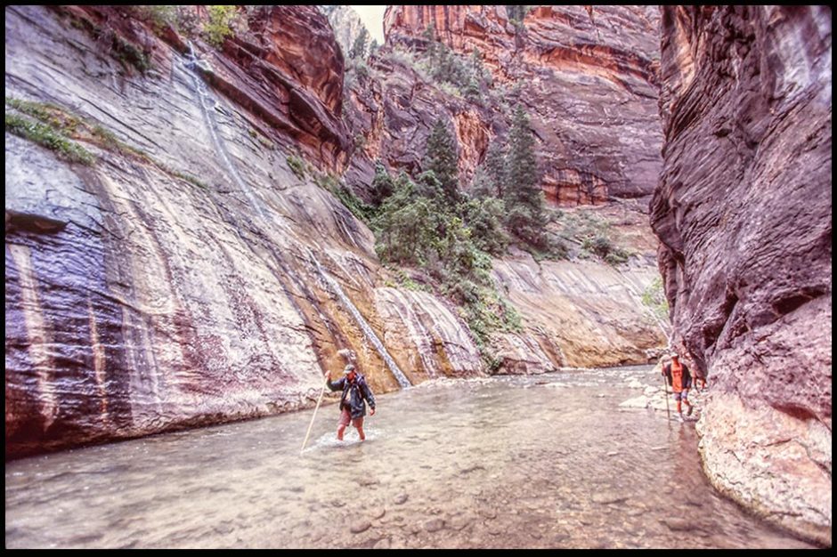 Hikers in the waters and rock walls of the Virgin River Narrows, Zion National Park, Utah. Bible Verse of the Day: Isaiah 43:2 “When you pass through the waters"