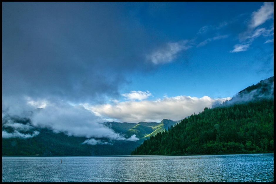 Fog and clouds over Lake Crescent, Olympic National Park, Washington State and Psalm 51:12-13 bible verse Restore joy in my salvation