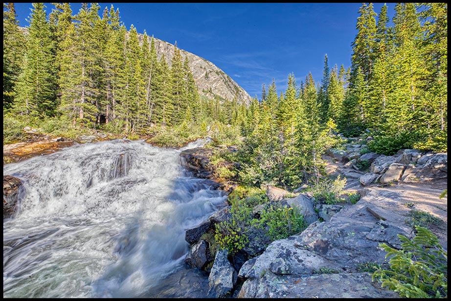 A mountain stream flows through rocks and a forest, San Isabel National Forest, Colorado. Bible Verse of the Day: Psalm 104:13-14a Springs flow