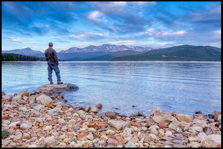 Hiker on hike along the the Shore of Turquoise Lake at dawn, San Isabel National Forest, Colorado and Psalm 130:5, 6. Wait on the Lord