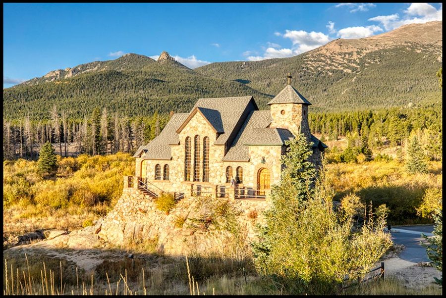 The stone structure of St. Catherine of Siena Chapel on the property of Camp St. Malo beneath the mountains of Rocky Mountain National Park, Allenspark, Colorado Luke 6:47-48, a foundation on the rock 
