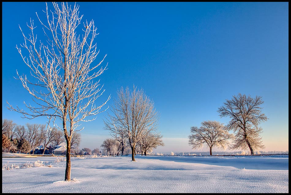 A park covered with light snow and hoarfrost under blue sky, Lake Manawa State Park, Iowa.Bible Verse of the Day: Psalm 50:1-2: God's Perfection of beauty