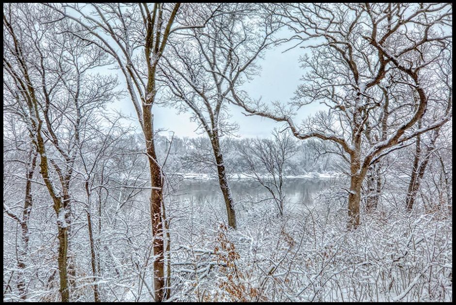 The historic Missouri River seen through snow covered trees, Fontenelle Forest, Bellevue, Nebraska.  A tranquil heart Proverbs 14:30a