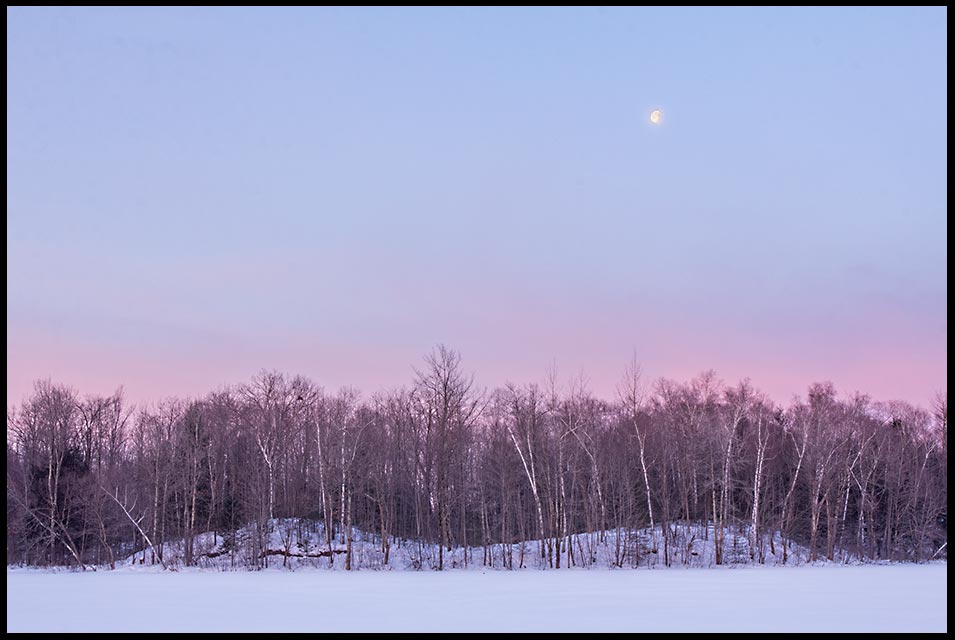 The moon in predawn magenta blue sky over a frozen James Lake before sunrise, in winter Camp Forest Springs, Wisconsin Northwoods and Bible verse John 14:27 Peace of Christ