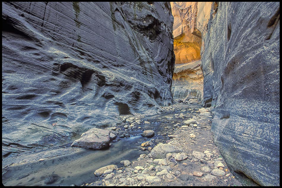 A thin canyon off the Zion Narrows with a small stream in it. Possible Oderville Canyon. Bible Verse of the Day: Hebrews 10:36 