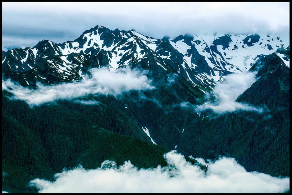 Olympic mountain range with clouds and Mark 6 46 fo bible verse of the Day, Jesus went to the mountain