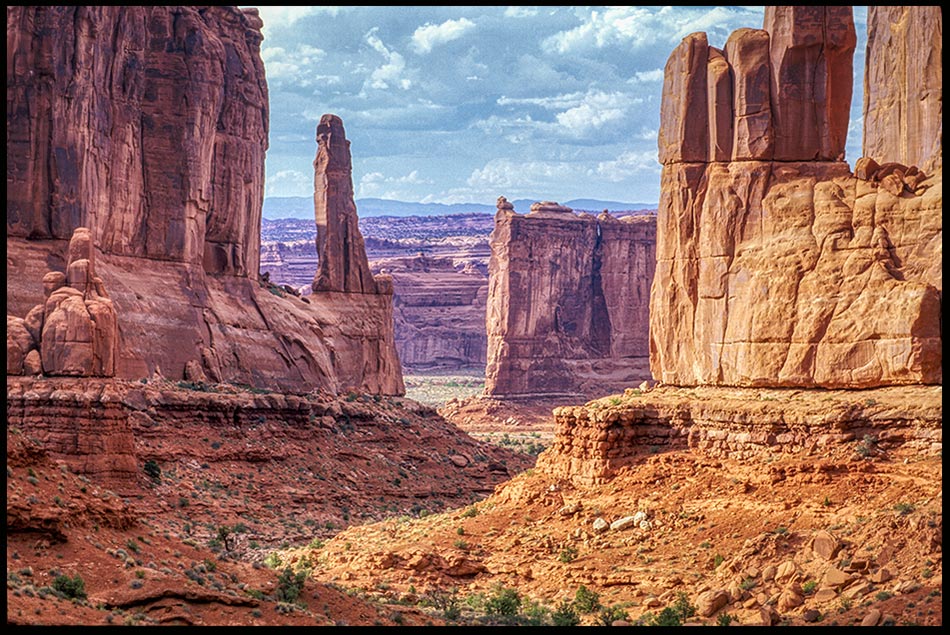 The desert and red rock landscape of Park Avenue, Arches National Park, Utah and Psalm 31:2b-3 Bible verse, rock of strength 