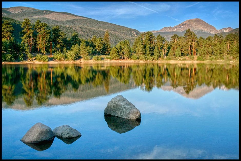 Mountains reflect in a small still lake in Rocky Mountain national park with Bible verse 2 Thessalonians 3:16 Lord of peace