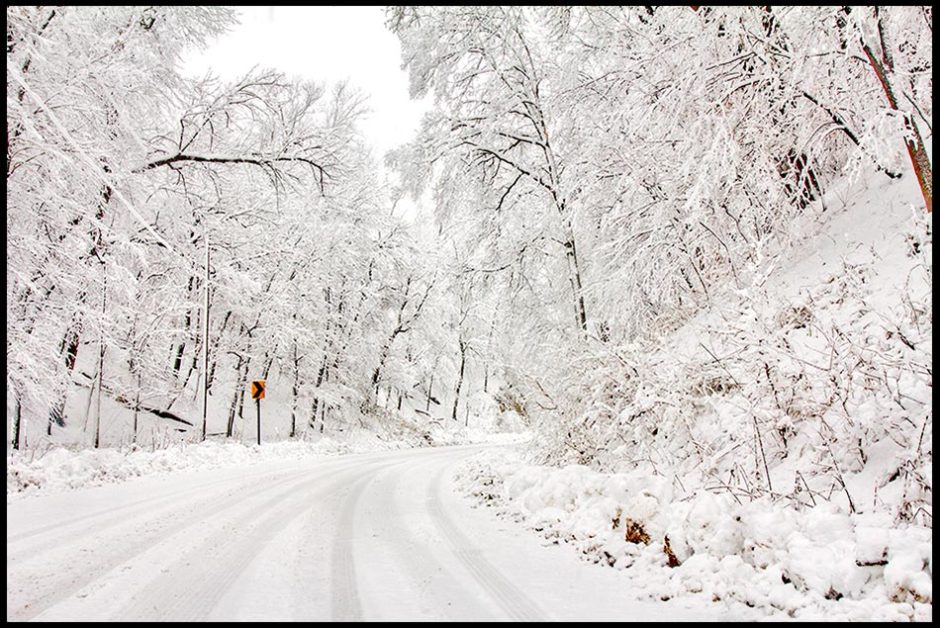 Snow covered road through a forest of trees and one yellow sign, in Fontenelle Forest Bellevue, Nebraska and Job 38:22a. "Have you entered the storehouses of snow" Bible Verse