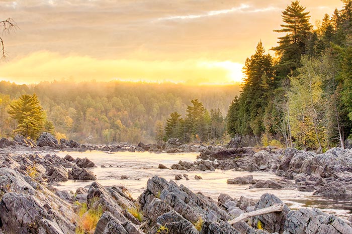 A photo taken at Golden hour of rocks and trees along the St. Louis River at Jay Cooke State Park in Minnesota to demonstrate basic photography tips.