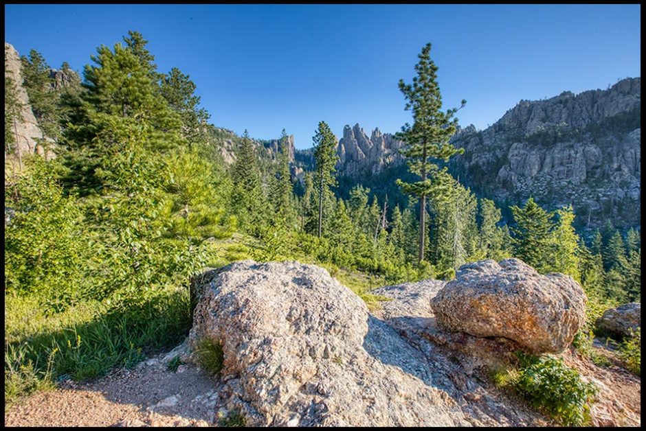 Rocks in the valley below the pinnacle formations in the Black Hills South Dakota. Bible verse of the day ascribe greatness to our God, Deuteronomy 32:3