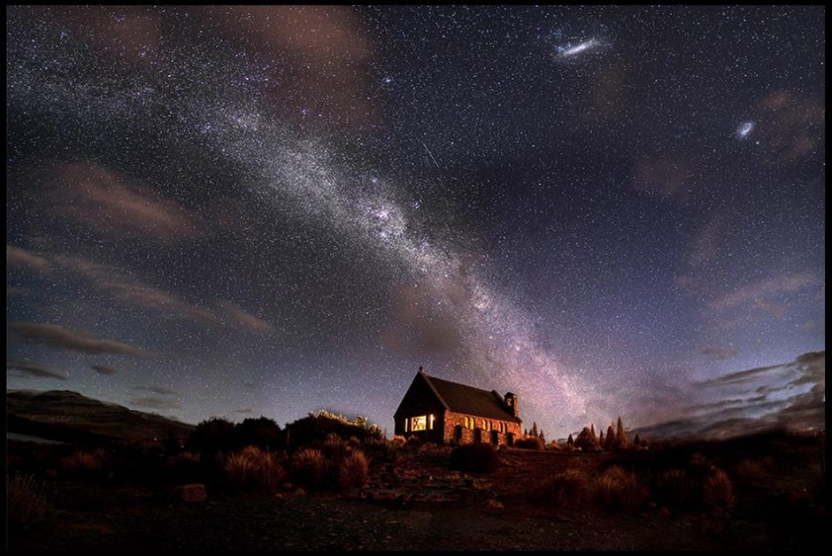 The Church of the Good Shepherd sits under the stars and Milkyway, Lake Tekapo, New Zealand. Bible Verse of the day Job 9:9-10