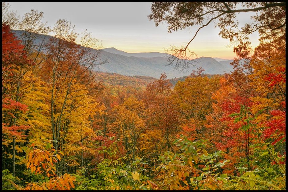 A sunset and brilliant fall colors in Great Smoky Mountains National Park, Tennessee and Isaiah 45:3. God's secret places