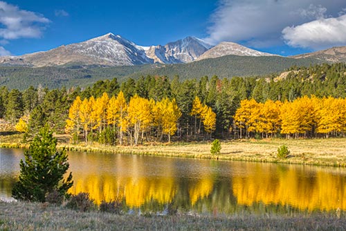 Mount Meeker, Longs Peak, an aspen trees, reflect in lake outside of Rocky Mount National Park, Colorado. The glory and majesty in this photo points to a creator, through what is known as general revelation