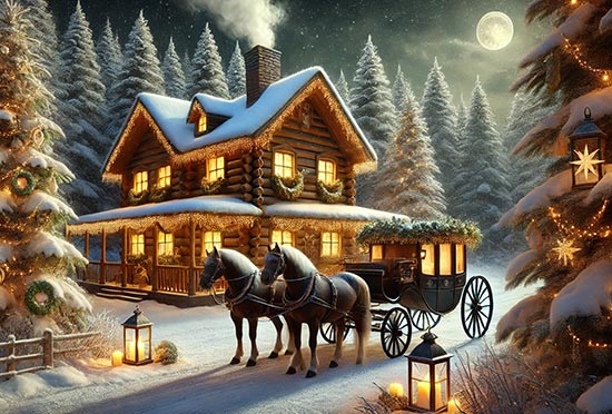 A horse drawn carriage sits in front of the cabin in a winter snowy scene, depicting a classic Christmas card for those who like snow